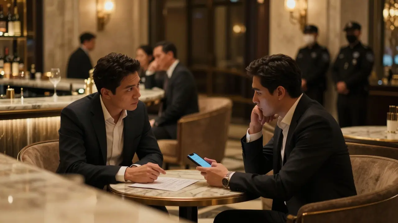 Two people talking cautiously in a luxury hotel bar