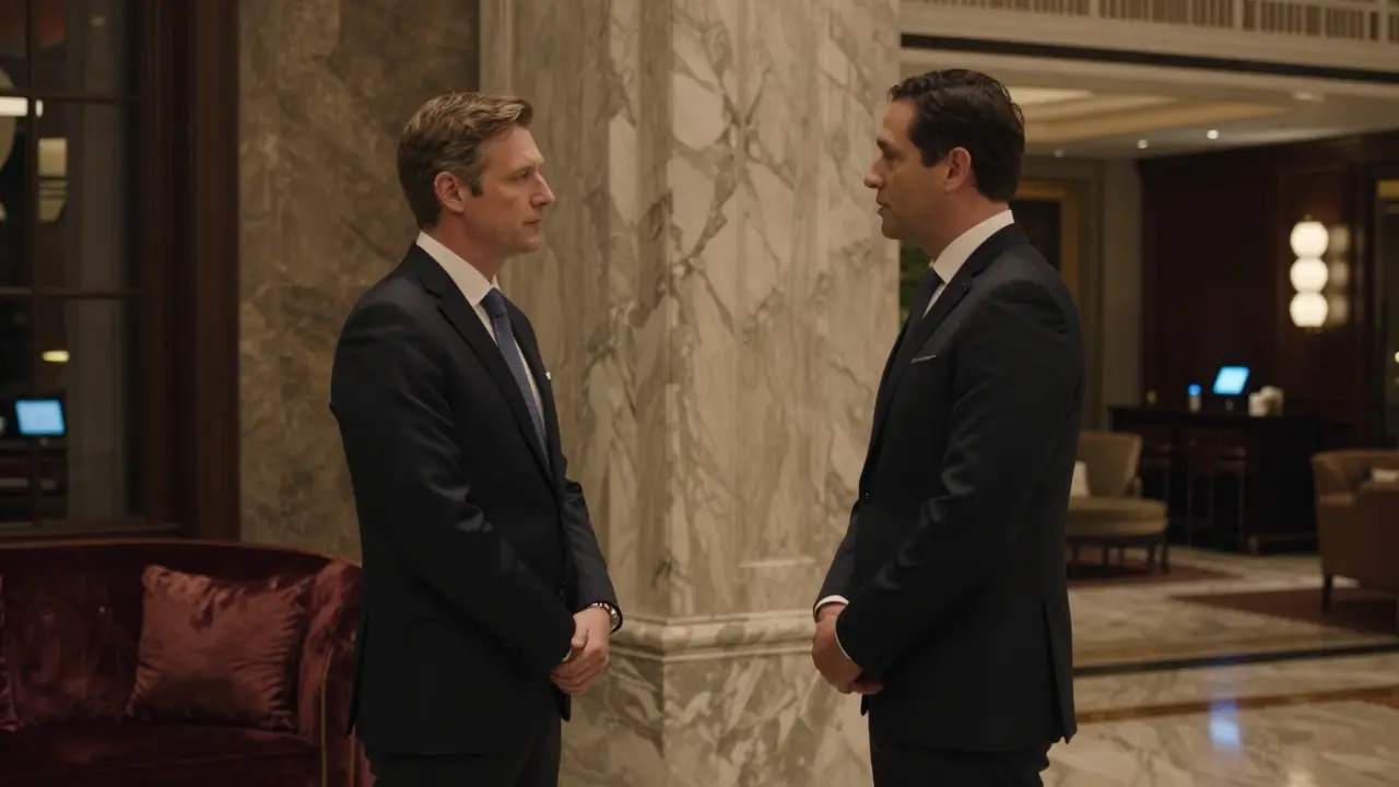 Two professionals conversing in a luxury hotel lobby.