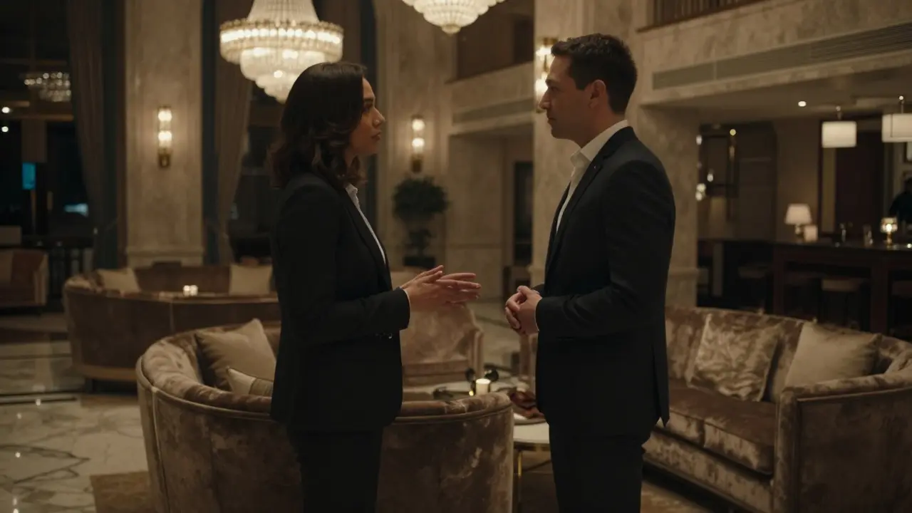 Two professionals conversing in luxury hotel lobby with elegant lighting.