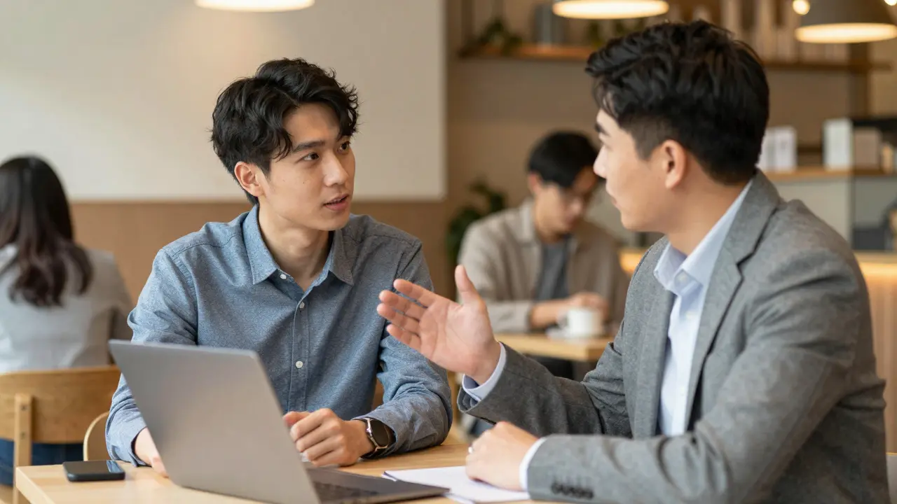 Two professionals meeting in a well-lit public cafe for conversation.
