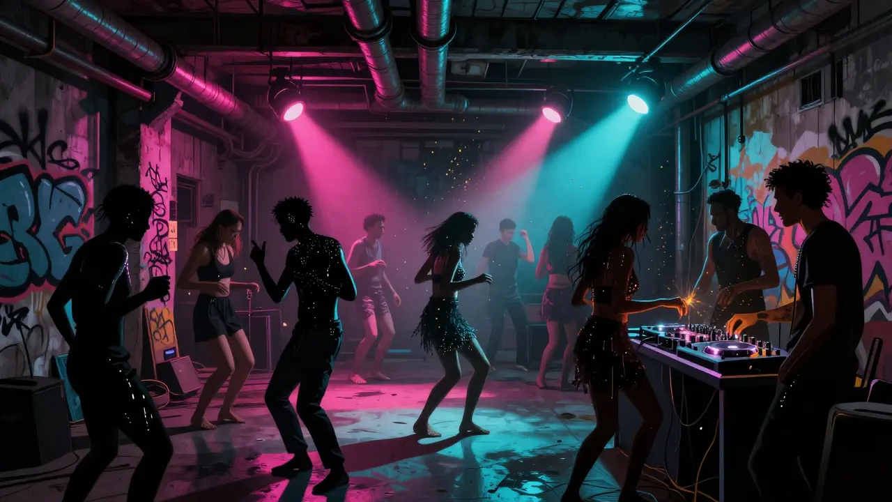 Underground warehouse party in Al Quoz with dancers under strobe lights and graffiti walls.