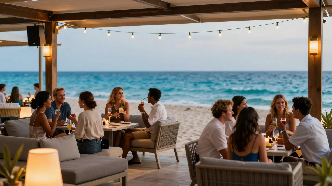 Upscale beach club interior with people socializing near the ocean.