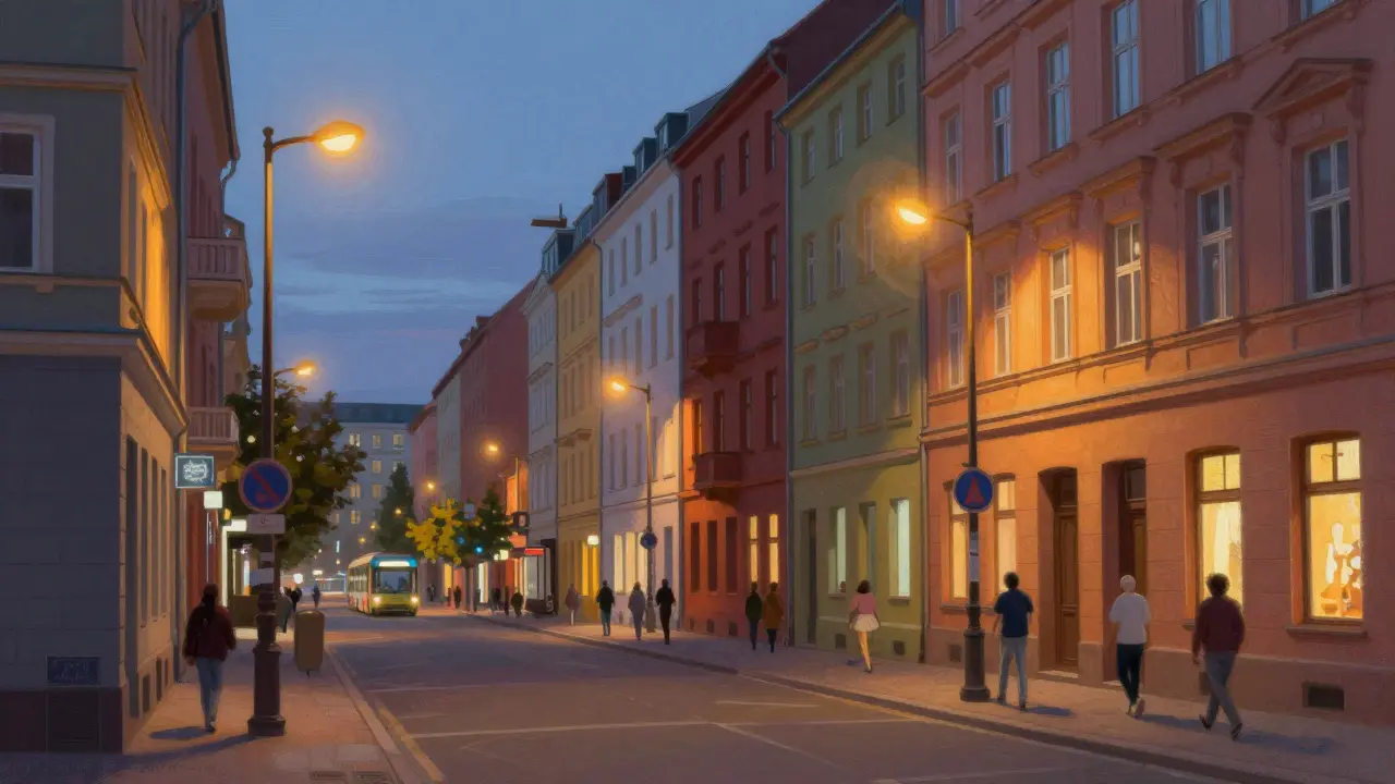 Vibrant Berlin neighborhood street scene at dusk with glowing lamps.