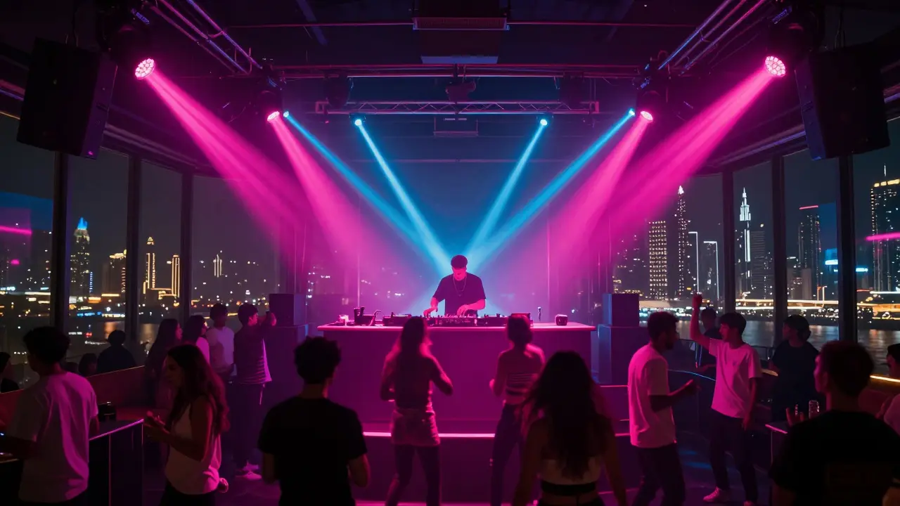 Vibrant nightclub scene with neon lights and dancing crowd